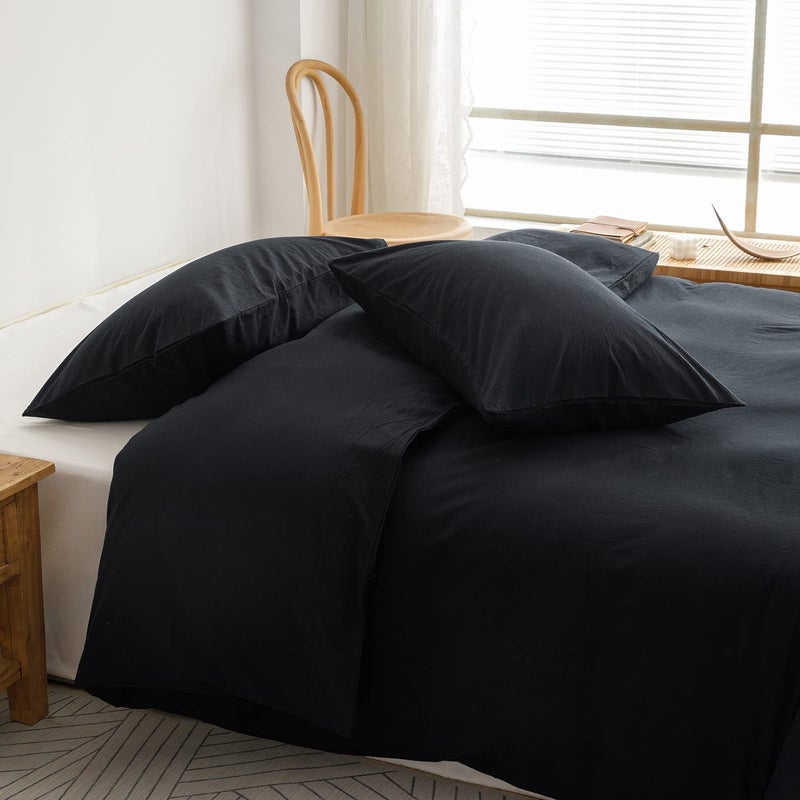 ECOCOTT ECOCOTT 3 Pieces Duvet Cover Set Queen 100% Washed Cotton 1 Duvet Cover with Zipper and 2 Pillowcases  Ultra Soft and Easy Care Breathable Cozy Simple Style Bedding Set (Black Queen)  - Image 5