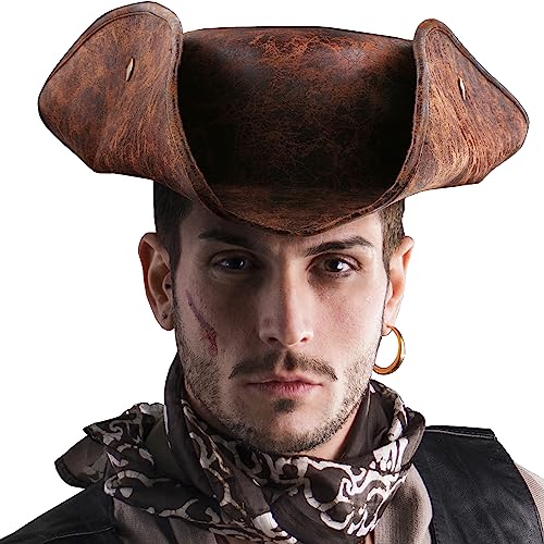 Srnede Pirate-Hat Women Tricorn Brown Pirate Men Leather Faux Leather Vintage Wrinkle Distressed Brown - Image 2
