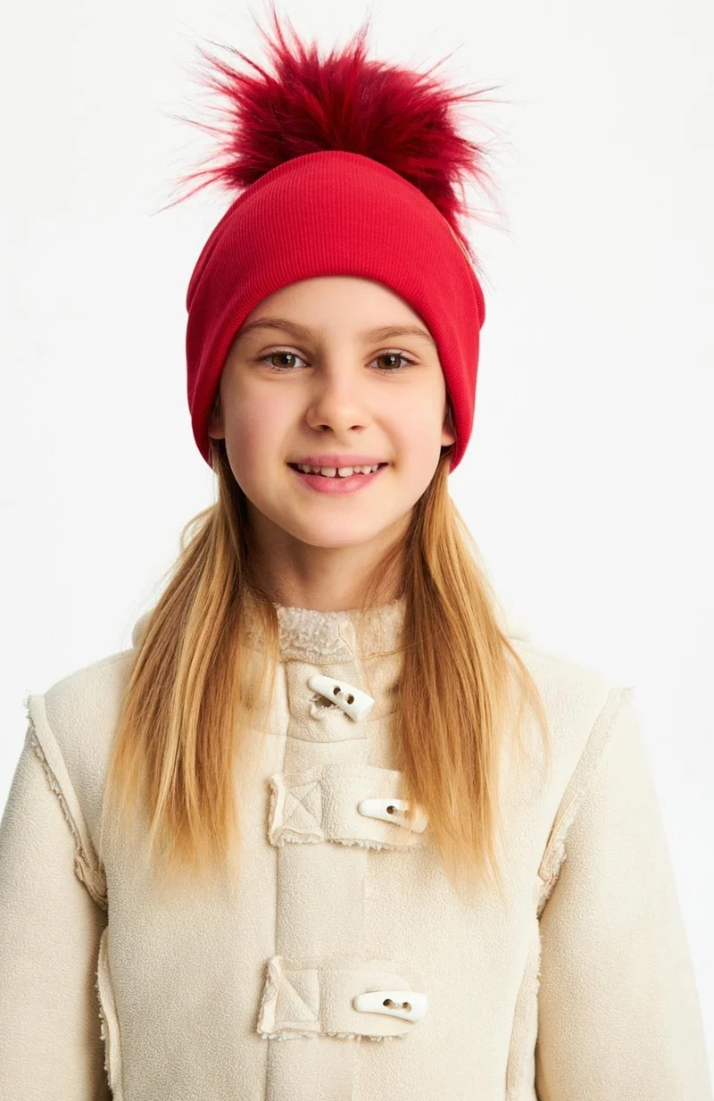 بيبيجيز Red Girl's Fur Pompom Hat Beanie Cotton Camisole