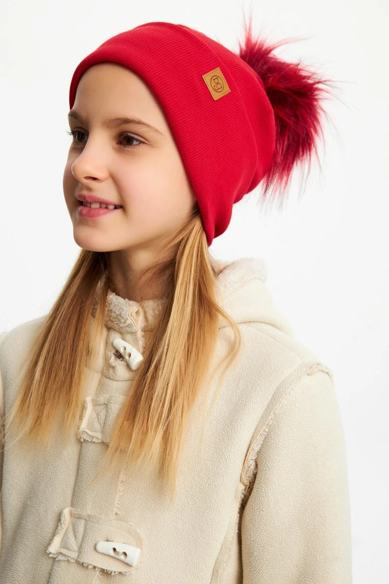 بيبيجيز Red Girl's Fur Pompom Hat Beanie Cotton Camisole
