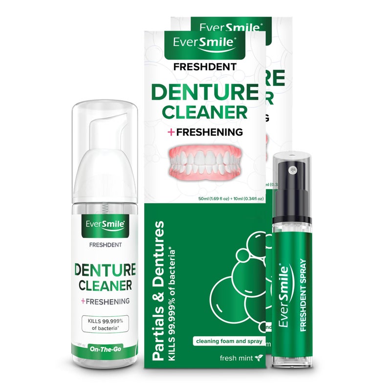 EverSmile FreshDent Denture and Partial Denture Cleaner + Teeth Whitening Spray and Foamâ€“ Travel Size Alternative to Cleaning Tablets That Eliminates Bacteria and Fights Bad Breath â€“ 50ml + 10ml (2pk) - Image 1