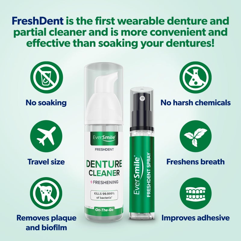 EverSmile FreshDent Denture and Partial Denture Cleaner + Teeth Whitening Spray and Foamâ€“ Travel Size Alternative to Cleaning Tablets That Eliminates Bacteria and Fights Bad Breath â€“ 50ml + 10ml (2pk) - Image 2