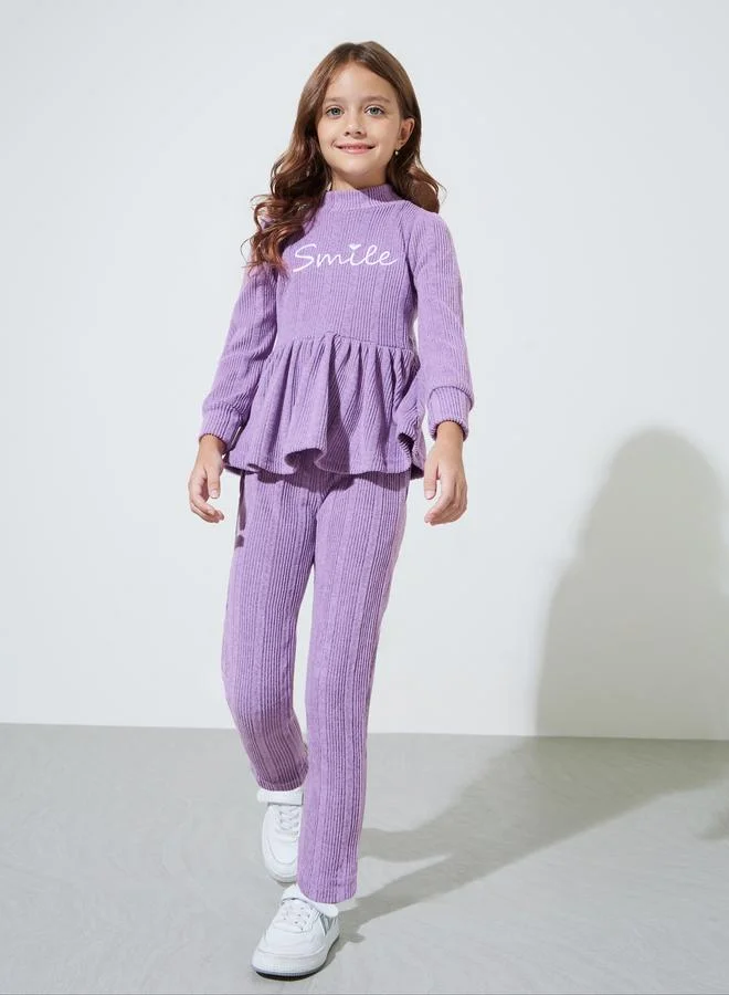 Styli Girls Purple Embroidered Ruffle Details Peplum Top and Straight Leg Pants Set