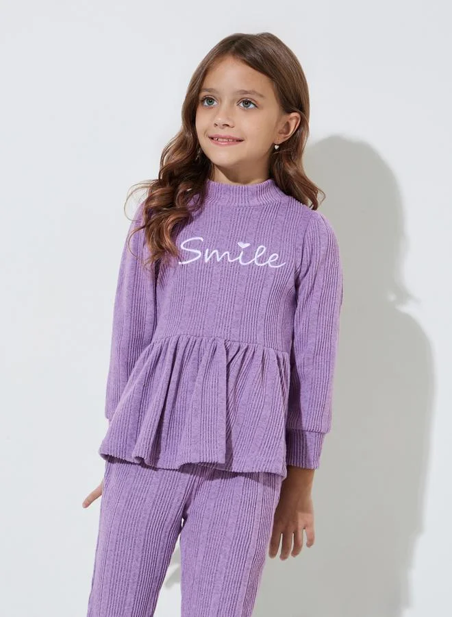 Styli Girls Purple Embroidered Ruffle Details Peplum Top and Straight Leg Pants Set