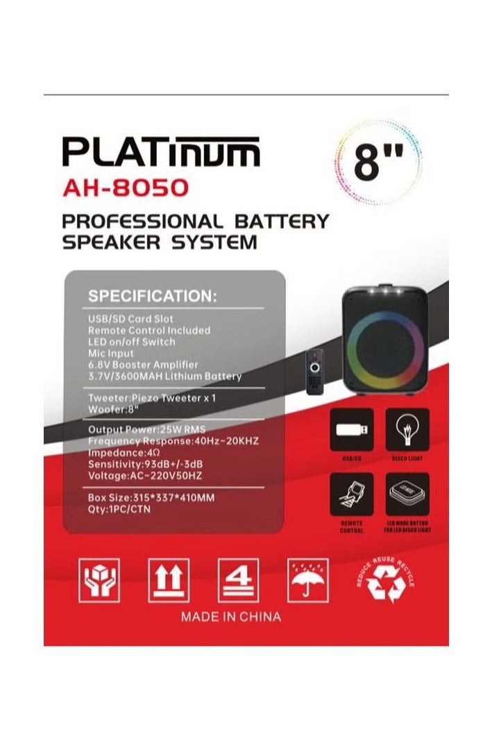 Platinum AH-8050 Professional Portable Bluetooth Speaker with LED Light and Lithium Battery - Image 4