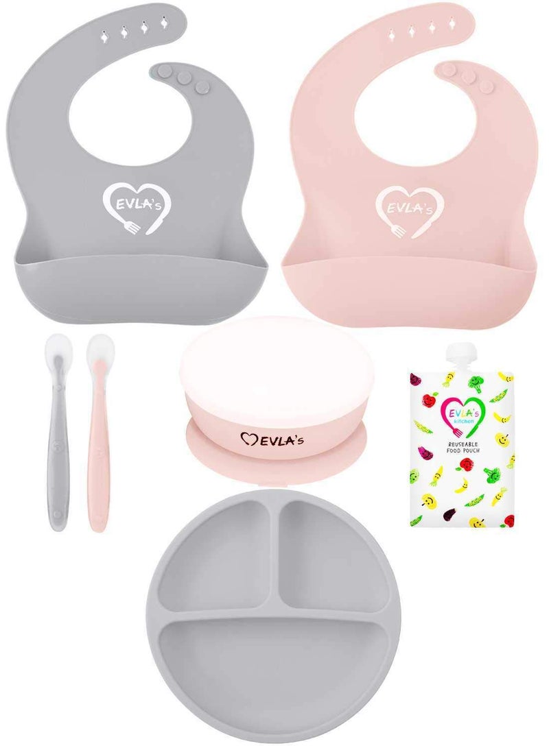 EVLAS Baby Feeding Set Adjustable Silicone Bibs Divided Plate Suction Bowl with Lid Soft Spoons for Toddlers Baby Led Weaning Supplies Registry Must Have