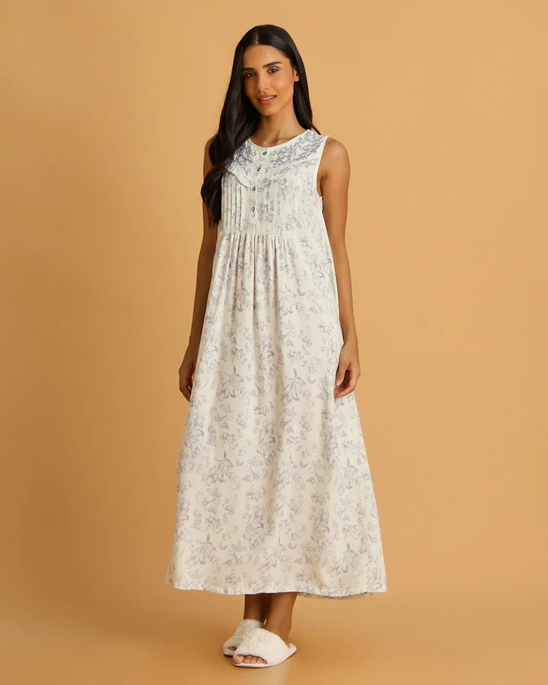 REDTAG Women Ivory Floral Printed Sleeveless Nightgown