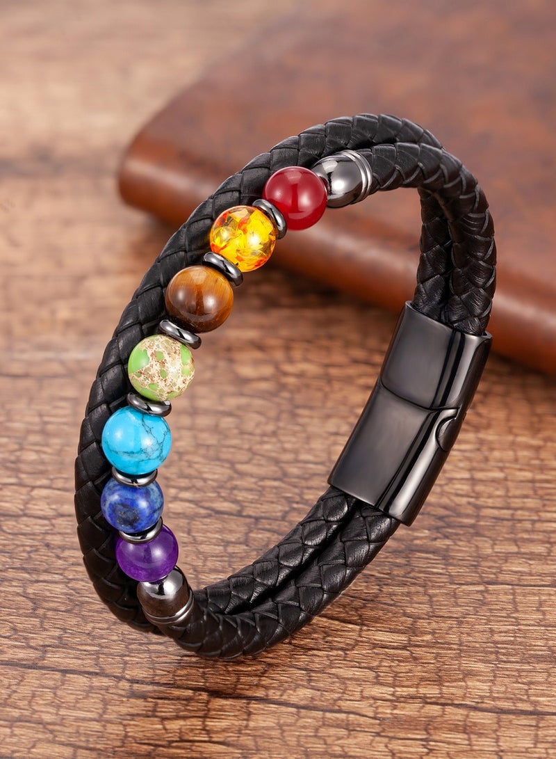 YL Black Leather Bracelet With Seven Chakra Stones For Men - Image 1