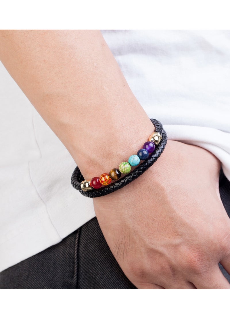 YL Black Leather Bracelet With Seven Chakra Stones For Men - Image 5