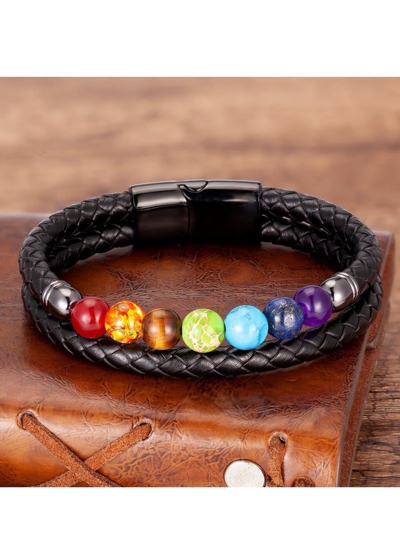 YL Black Leather Bracelet With Seven Chakra Stones For Men - Image 2
