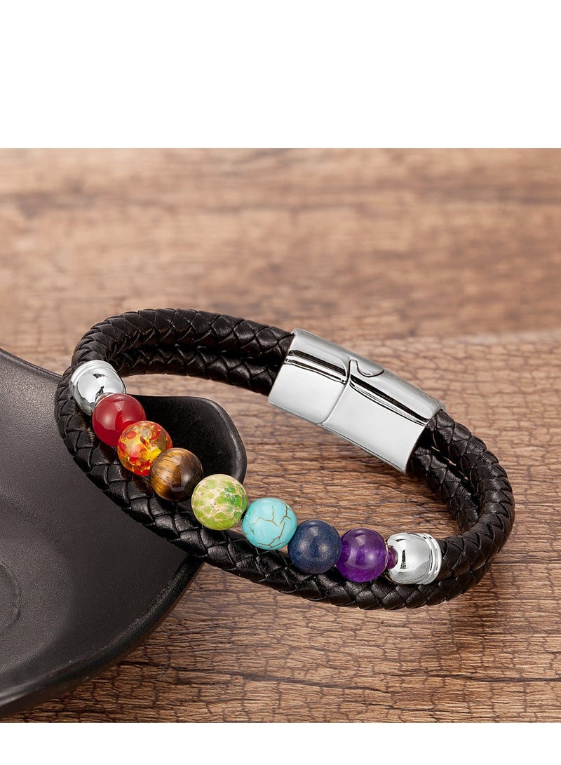 YL Black Leather Bracelet With Seven Chakra Stones For Men - Image 4