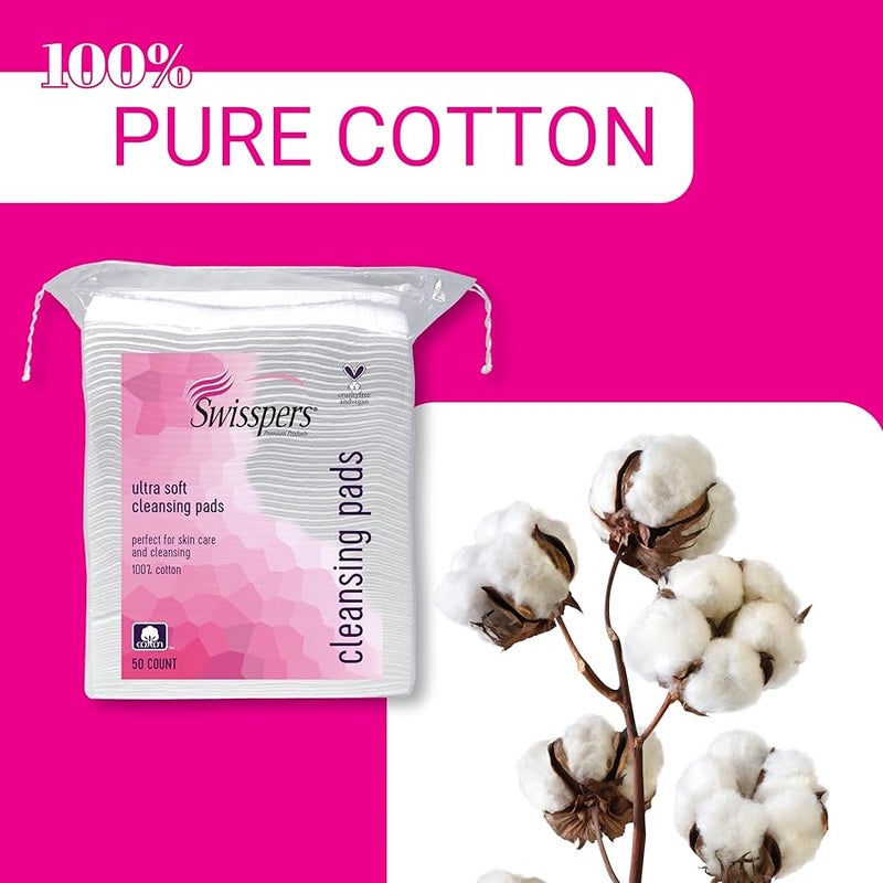 Swisspers Refresh and Reset Facial Cleansing Cotton Pads 100 Natural Fiber UltraSoft Beauty Essentials for Women Men CrueltyFree ParabenFree Skincare Application Squares 50 Count 3 Pack - Image 3