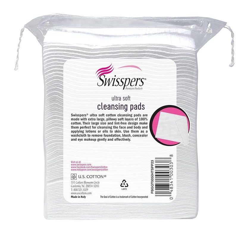 Swisspers Refresh and Reset Facial Cleansing Cotton Pads 100 Natural Fiber UltraSoft Beauty Essentials for Women Men CrueltyFree ParabenFree Skincare Application Squares 50 Count 3 Pack - Image 2