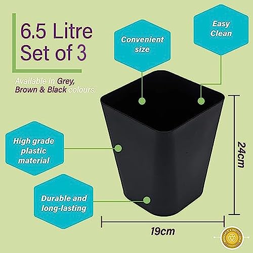 Gluman Open-Top Waste Bin for Home and Office | Durable & Long-lasting |High Grade Plastic | Conveniently Small and Portable Size |7 Litre Bin (Black (Pack of 3)) - Image 3