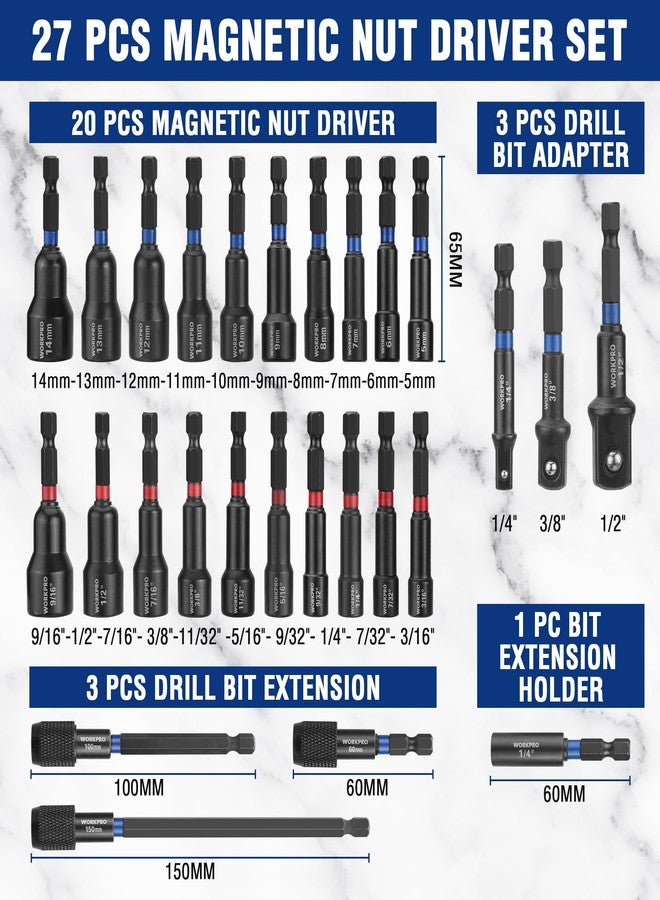 WORKPRO 27 PCS Magnetic Nut Driver Set, Impact Drill Driver Bit 1/4" Hex Shank, SAE & Metric Cr-V Steel Power Nut Drivers with Quick-release Extensions, Impact Socket Adapters, Bit Holder and Toolbox - Image 2