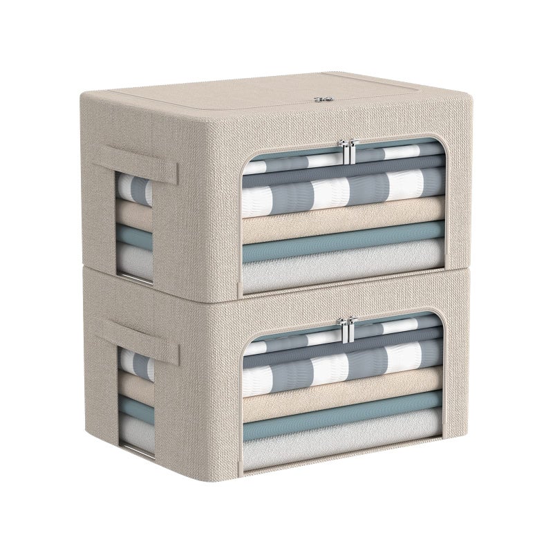 CYhom Clothes Storage Bins Box  Linen Fabric Foldable Stackable Container Organizer Set with Clear Window  Carry Handles  Metal Frame  2Pack Large Capacity for Bedding Blankets Books