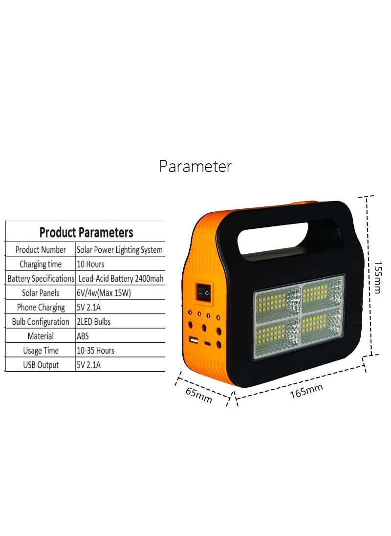 BROGBUS BROGBUS Rechargeable Solar Portable Inverter with 3 Individual 2 Volt Led Bulbs with 375 Meter Long Wire ACDC USB Socket with Solar Panel GreenOrange  - Image 5