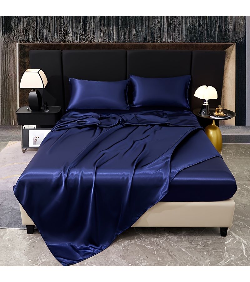 Kingsize Flat Fitted Sheet And Two Pillowcases Plum Red Luxury Satin Bed Sheet Set Machine Washable Soft Anti Shrinkage Student Dormitory Style Mattress Protector Home Essential - Image 1
