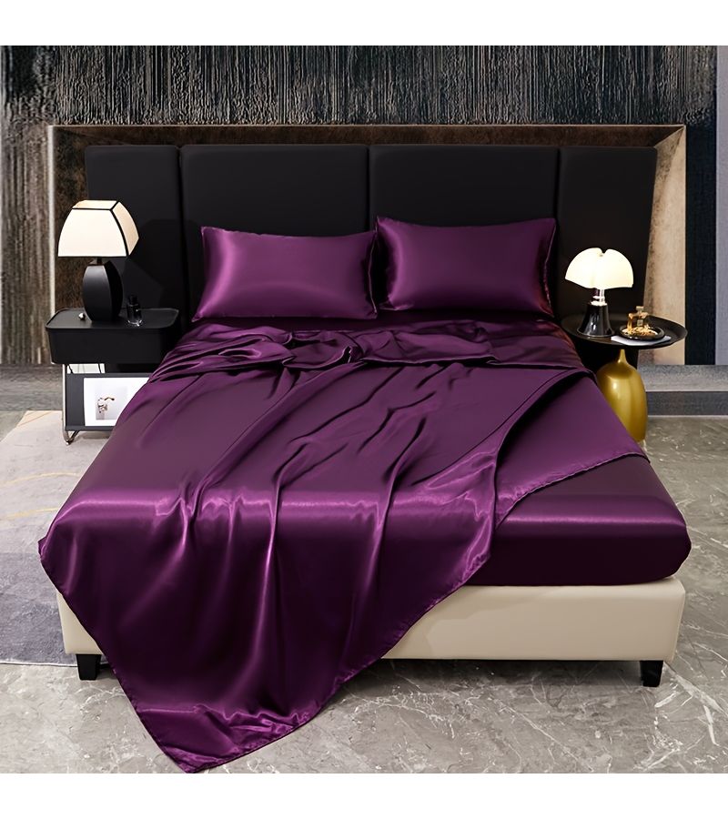 Kingsize Flat Fitted Sheet And Two Pillowcases Plum Red Luxury Satin Bed Sheet Set Machine Washable Soft Anti Shrinkage Student Dormitory Style Mattress Protector Home Essential - Image 2