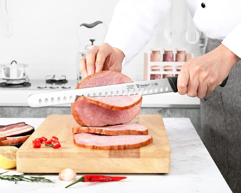 Humbee Carving Knife 12-Inch with Razor Sharp Granton Edge for Turkey, Ham, Meat Slicing and Cutting – NSF Certified, German Stainless Steel Blade, Black - Image 5