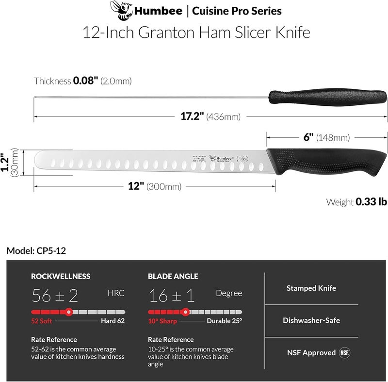Humbee Carving Knife 12-Inch with Razor Sharp Granton Edge for Turkey, Ham, Meat Slicing and Cutting – NSF Certified, German Stainless Steel Blade, Black - Image 4