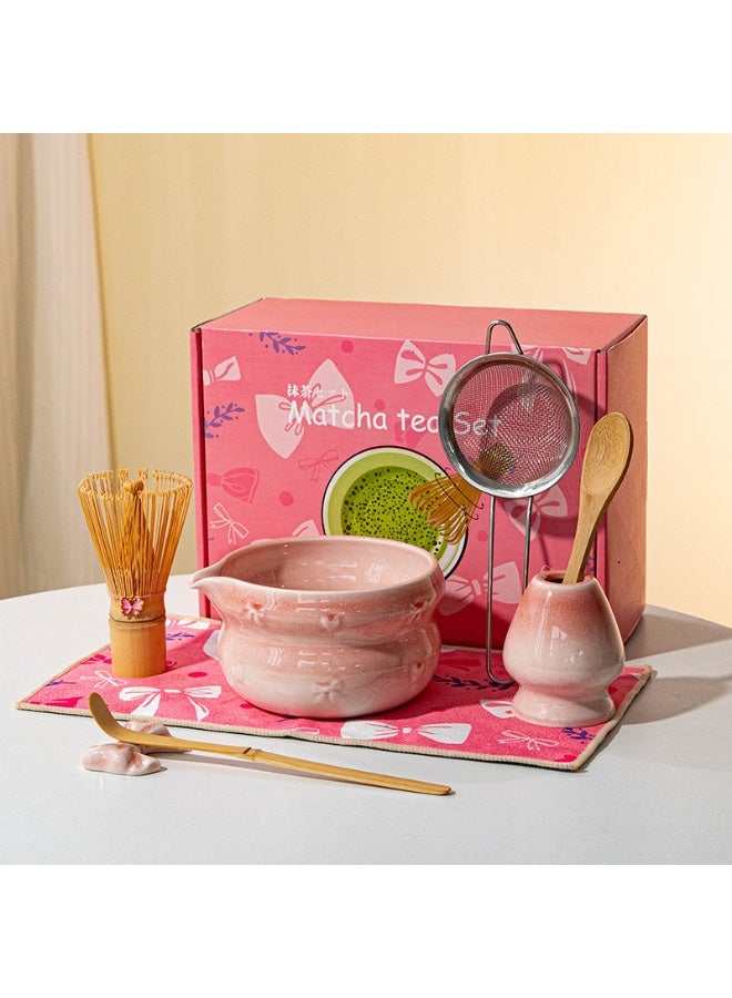 JAYATO 7-PCS Japanese Matcha Tea Set, Included Ceramic Matcha Bowl+Whisk Holder+Bamboo Whisk+Spoon,for Traditional Tea Ceremony-Coarse Ceramic Perfect Handmade Matcha Kit to Prepare Traditional Matcha Tea, Natural Matcha Gift Kit (Pink) - Image 1