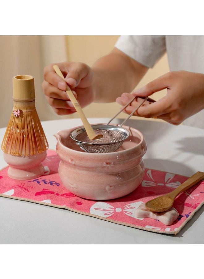 JAYATO 7-PCS Japanese Matcha Tea Set, Included Ceramic Matcha Bowl+Whisk Holder+Bamboo Whisk+Spoon,for Traditional Tea Ceremony-Coarse Ceramic Perfect Handmade Matcha Kit to Prepare Traditional Matcha Tea, Natural Matcha Gift Kit (Pink) - Image 4
