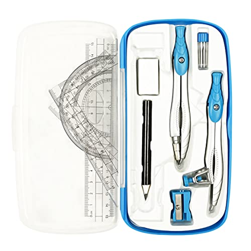 Lifreer Geometry Set,10 Pcs Protractor and Compass Set, Math and Ruler Set for Students, Class Supplies, and School - Essential Compass Geometry Tools for Precision and Quality (Blue) - Image 1