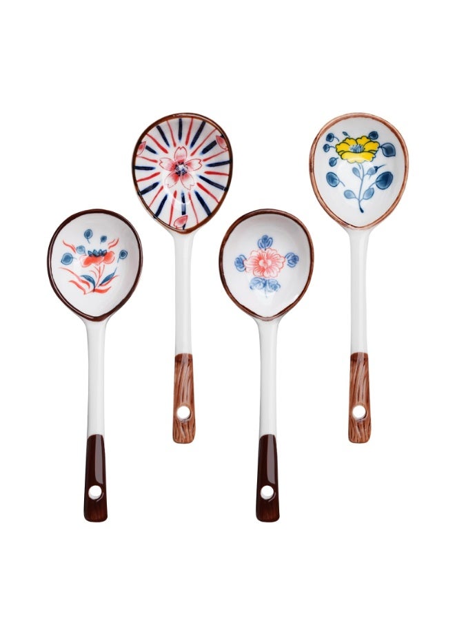 Yalla Pick 4Pcs Ceramic Long Handle Spoons, Ceramic teaspoons, Hand Painted Floral Porcelain Serving Spoons for Soup, Rice, Dessert,Coffee,Salad, Elegant Gift Set - Image 1