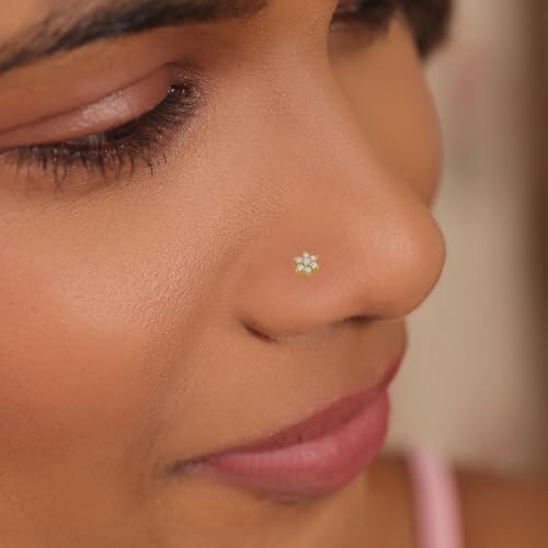 VAMA FASHIONS Piercing Jewelry White Stone Pierced Nosepin Gold Plated Floral Design Piercing Nose Ring Stud For Women (Nose Ring Piercing) - Image 4