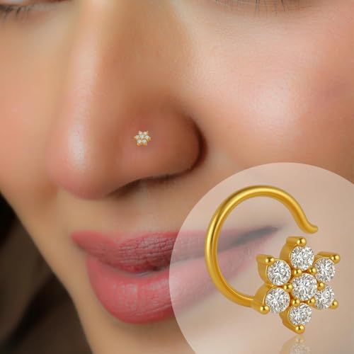VAMA FASHIONS Piercing Jewelry White Stone Pierced Nosepin Gold Plated Floral Design Piercing Nose Ring Stud For Women (Nose Ring Piercing) - Image 2