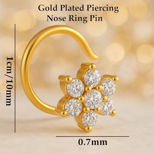 VAMA FASHIONS Piercing Jewelry White Stone Pierced Nosepin Gold Plated Floral Design Piercing Nose Ring Stud For Women (Nose Ring Piercing) - Image 3