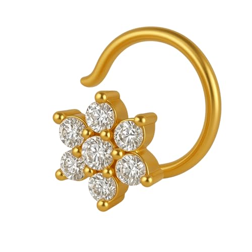 VAMA FASHIONS Piercing Jewelry White Stone Pierced Nosepin Gold Plated Floral Design Piercing Nose Ring Stud For Women (Nose Ring Piercing) - Image 1