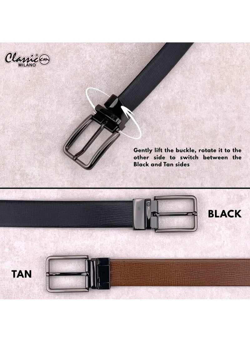 Classic Milano Black Tan (GALLON) Classic Milano Spanish Genuine Leather Reversible Belt for Men, Premium Formal Leather Belt with Reversible Pin Buckle, Elegant Men's Belt for Business Wear, Office, Wedding and Special Occasions | 2 in 1 Belt (Pack of 1) for Men | Best Price UAE