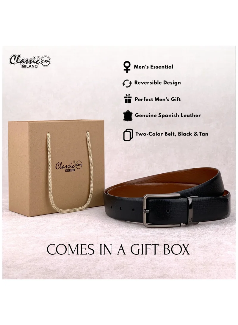 Classic Milano Black Tan (GALLON) Classic Milano Spanish Genuine Leather Reversible Belt for Men, Premium Formal Leather Belt with Reversible Pin Buckle, Elegant Men's Belt for Business Wear, Office, Wedding and Special Occasions | 2 in 1 Belt (Pack of 1) for Men | Best Price UAE