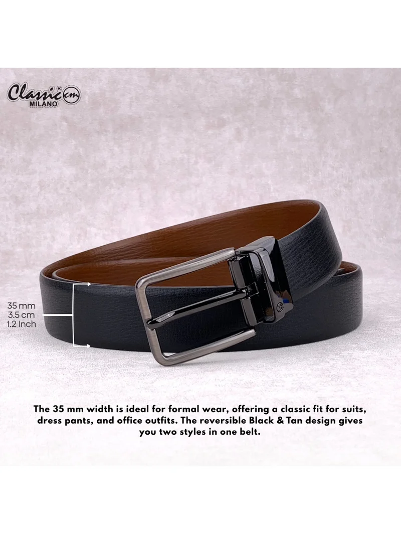 Classic Milano Black Tan (GALLON) Classic Milano Spanish Genuine Leather Reversible Belt for Men, Premium Formal Leather Belt with Reversible Pin Buckle, Elegant Men's Belt for Business Wear, Office, Wedding and Special Occasions | 2 in 1 Belt (Pack of 1) for Men | Best Price UAE