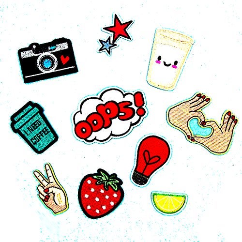 Segolike 10 Pieces DIY Embroidered Sew Iron on Patches Gesture Star Camera Strawberry Applique Decorations - Image 2