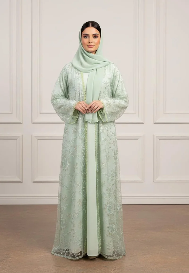 نخبة Enchanted Garden Lace Open two-piece Abaya-2P895