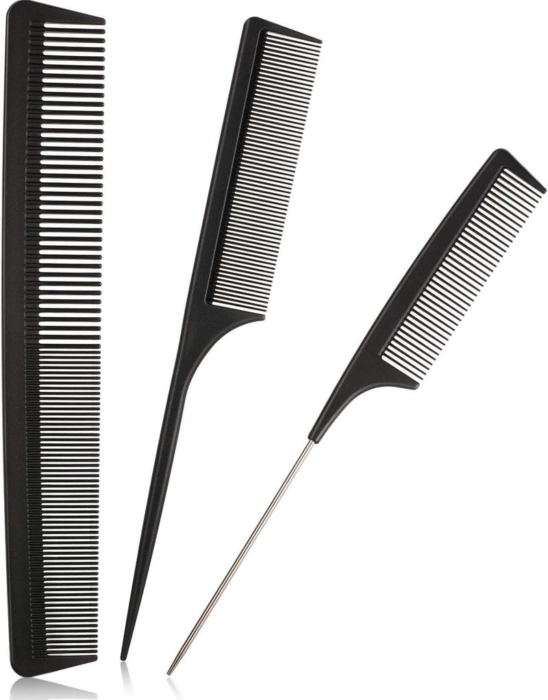 Calitate24 3 Pieces Tail Combs Set Carbon Styling Comb Fiber Rat Tail Comb Anti Static Heat Resistant Barber Hairdressing Comb Steel Pintail Comb Cutting Fine Tooth Comb Teasing Hair Comb for Women Men, Black - Image 1
