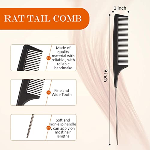 Calitate24 3 Pieces Tail Combs Set Carbon Styling Comb Fiber Rat Tail Comb Anti Static Heat Resistant Barber Hairdressing Comb Steel Pintail Comb Cutting Fine Tooth Comb Teasing Hair Comb for Women Men, Black - Image 4
