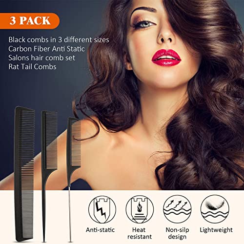 Calitate24 3 Pieces Tail Combs Set Carbon Styling Comb Fiber Rat Tail Comb Anti Static Heat Resistant Barber Hairdressing Comb Steel Pintail Comb Cutting Fine Tooth Comb Teasing Hair Comb for Women Men, Black - Image 5
