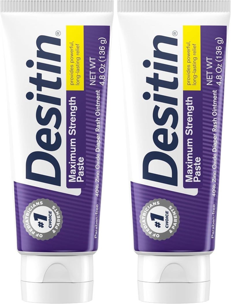 Desitin كريم طفح الحفاضات بقوة قصوى، 40% أكسيد الزنك للعلاج، التخفيف والوقاية، خالي من المواد المسببة للحساسية، خالي من الفثالات والبارابين، يحمي البشرة لمدة 12 ساعة، 4.8 أونصة (عبوة من 2) - Image 1