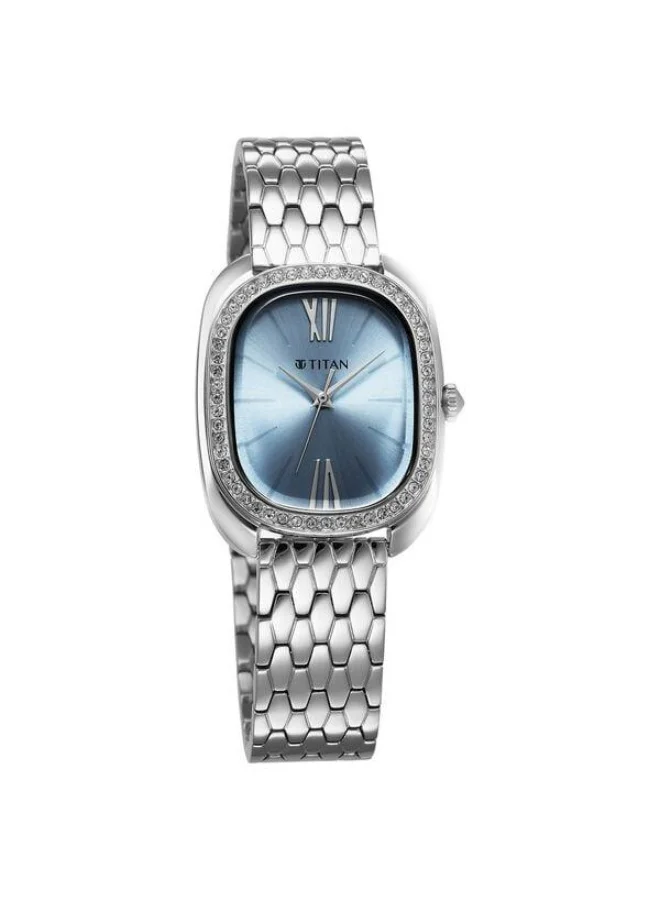 TITAN Glamour Quartz Analog Blue Dial Silver Stainless Steel Strap Watch for Women - 95317SM01