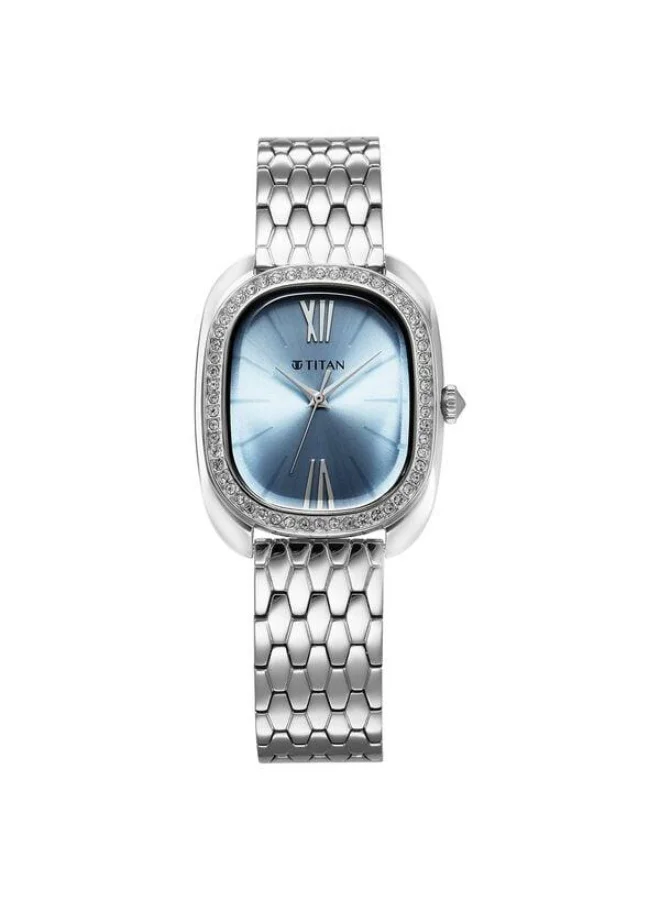 TITAN Glamour Quartz Analog Blue Dial Silver Stainless Steel Strap Watch for Women - 95317SM01