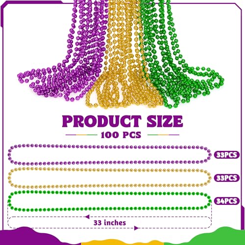 Huskein 100 PCS Mardi Gras Beads 33 Mardi Gras Beads Necklaces Bulk Round Purple Gold Green Beads Bulk Parade Throw Accessories Set Carnival Mardi Gras Party Supplies Favors Decorations - Image 5
