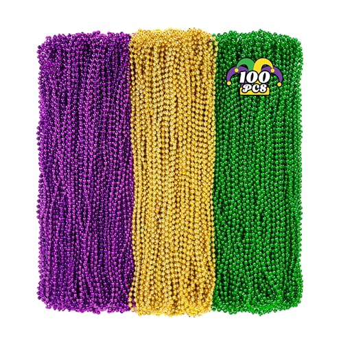 Huskein 100 PCS Mardi Gras Beads 33 Mardi Gras Beads Necklaces Bulk Round Purple Gold Green Beads Bulk Parade Throw Accessories Set Carnival Mardi Gras Party Supplies Favors Decorations - Image 1