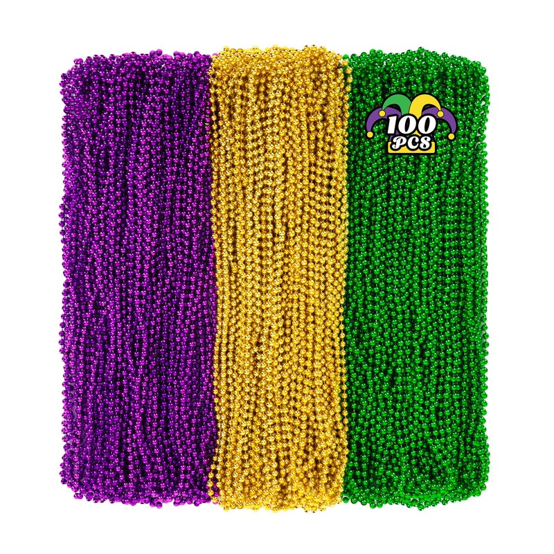 Huskein 100 PCS Mardi Gras Beads 33 Mardi Gras Beads Necklaces Bulk Round Purple Gold Green Beads Bulk Parade Throw Accessories Set Carnival Mardi Gras Party Supplies Favors Decorations - Image 3