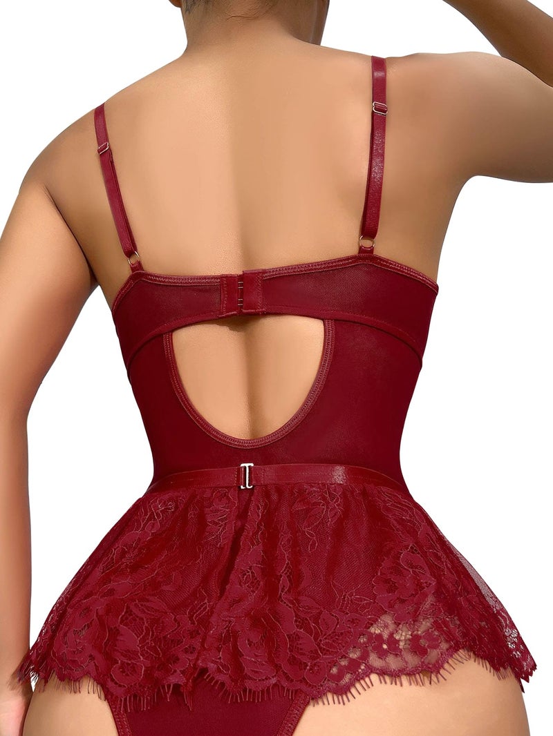 Lilosy Sexy Stocking Rhinestones Heart Garter Underwire Floral Mesh lace Sheer Babydoll Lingerie Teddy Bodysuit Skirt Set Women 2 3 Piece Push Up See Through Burgundy Red Small - Image 2