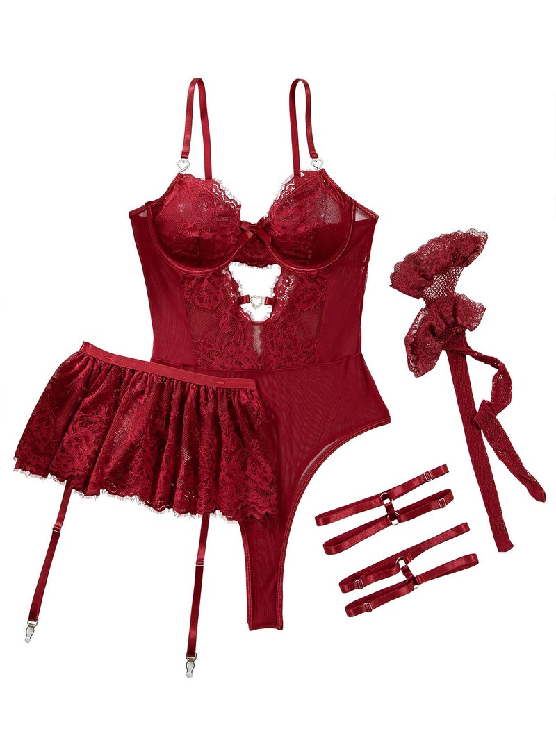 Lilosy Sexy Stocking Rhinestones Heart Garter Underwire Floral Mesh lace Sheer Babydoll Lingerie Teddy Bodysuit Skirt Set Women 2 3 Piece Push Up See Through Burgundy Red Small - Image 4
