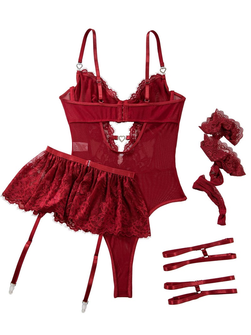 Lilosy Sexy Stocking Rhinestones Heart Garter Underwire Floral Mesh lace Sheer Babydoll Lingerie Teddy Bodysuit Skirt Set Women 2 3 Piece Push Up See Through Burgundy Red Small - Image 5